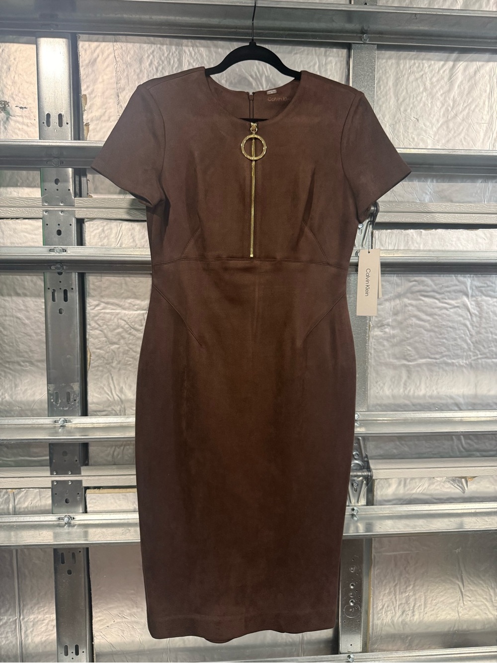 Calvin Klein Brown Faux-Suede Midi Dress with Gold Ring Zip